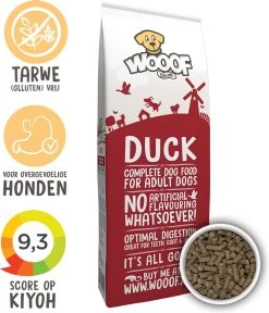 WOOOF Eend 18KG - Geperst Hondenvoer - Hypoallergeen Hondenvoer - Geperste Hondenbrokken - Droogvoer