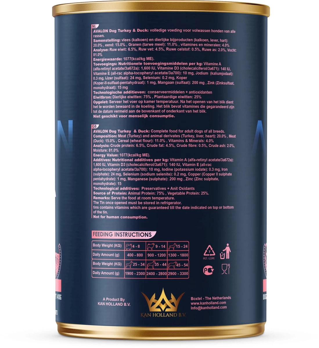 Avalon Petfood Dog Duck & Turkey - Hondenvoer - 12 X 410 Gram 5 Avalon Petfood Dog Duck & Turkey - Hondenvoer - 12 X 410 Gram - Afbeelding 3