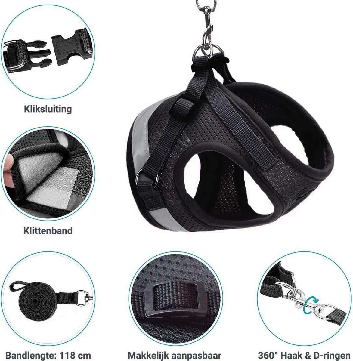 Hondentuig, Hondenharnas Met Hondenriem – Reflecterend - Zwart – Maat S (borst 30-35 Cm) 8 Hondentuig, Hondenharnas Met Hondenriem – Reflecterend - Zwart – Maat S (borst 30-35 Cm) - Afbeelding 6