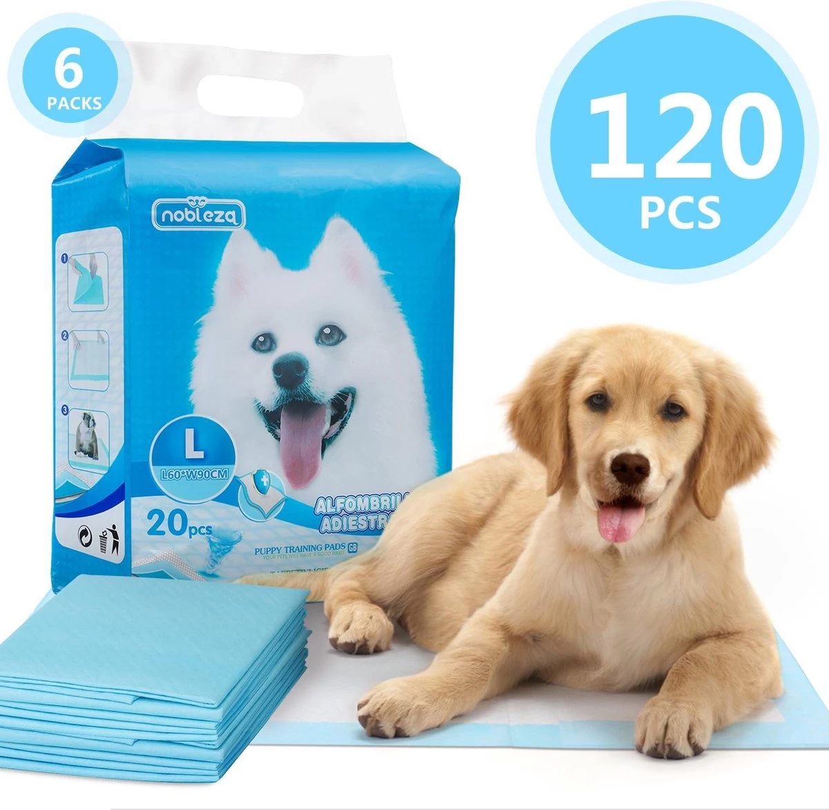 Nobleza 48LXE - Puppy Training Pads - 60 X 90 Cm - Zindelijkheidstraining - 120 Stuks 3 Nobleza 48LXE - Puppy Training Pads - 60 X 90 Cm - Zindelijkheidstraining - 120 Stuks