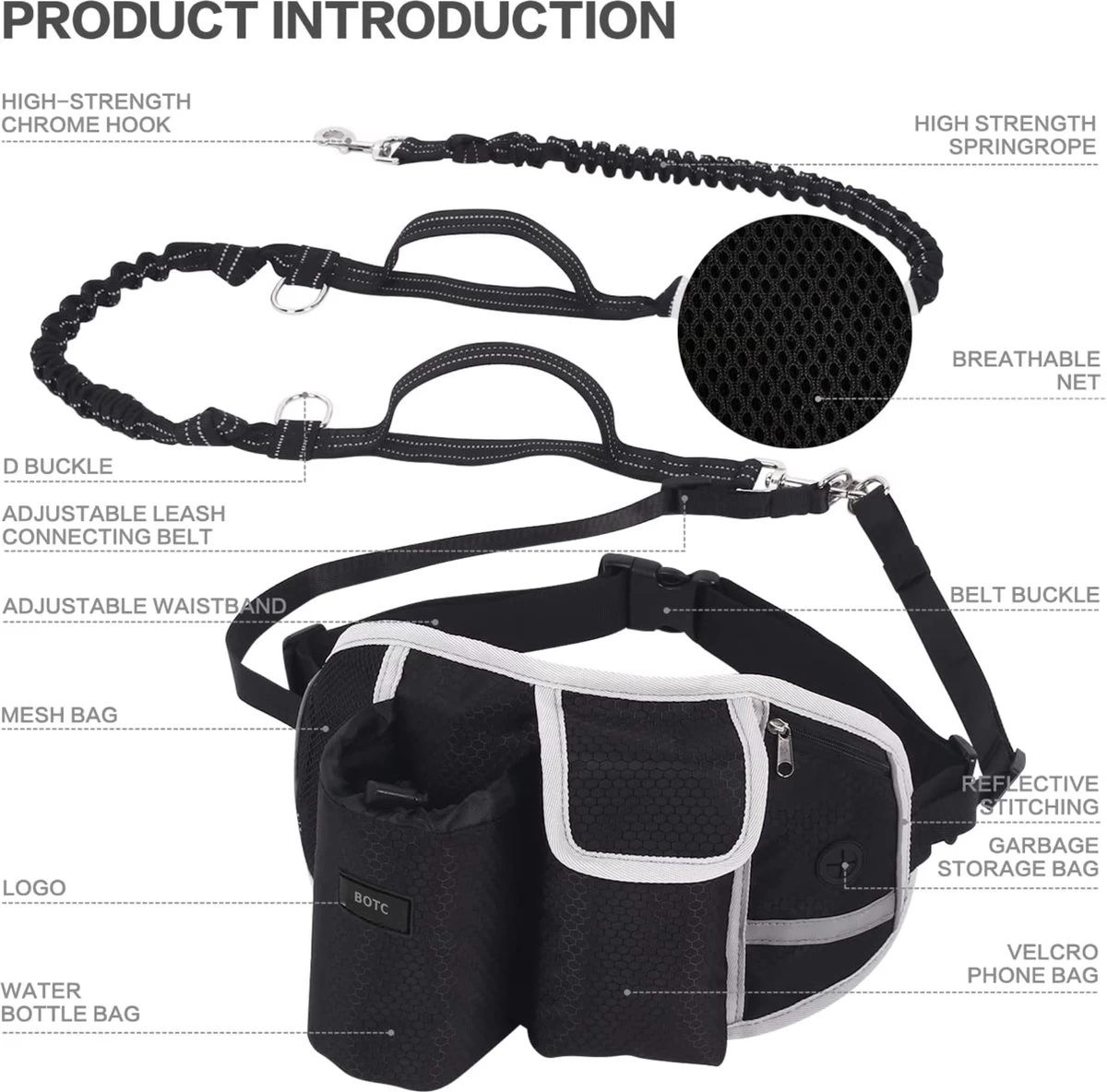 BOTC Looplijn Hond Met Heupriem Voor Hardlopen - Hondenriem - Zwart 5 BOTC Looplijn Hond Met Heupriem Voor Hardlopen - Hondenriem - Zwart - Afbeelding 3