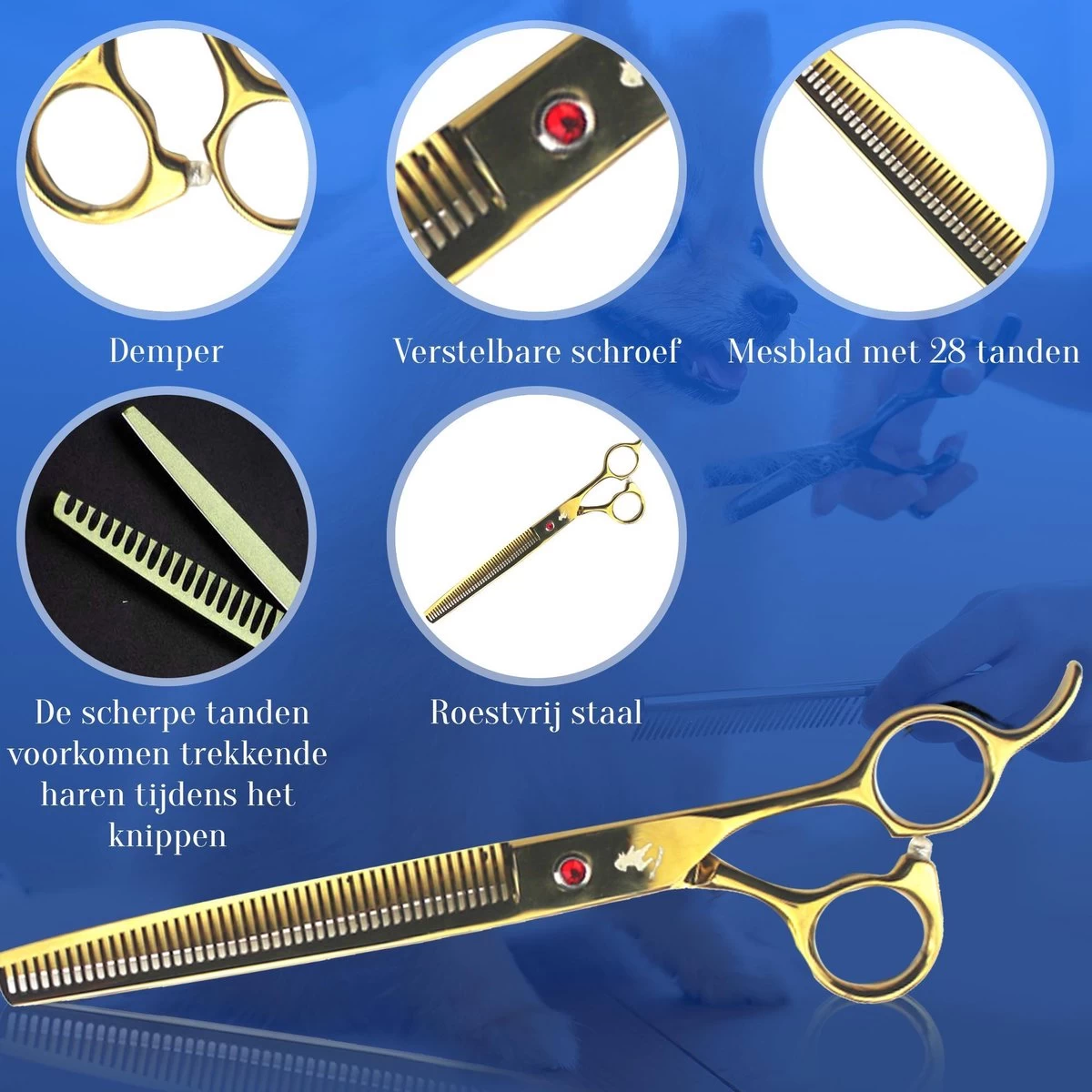 Scharenset Hond - 8-Delige Scharenset - Hondenschaar - Trimset - Trimschaar Voor Honden - Huisdier Knipset - Effileerschaar Hond - Goud 4 Scharenset Hond - 8-Delige Scharenset - Hondenschaar - Trimset - Trimschaar Voor Honden - Huisdier Knipset - Effileerschaar Hond - Goud - Afbeelding 2