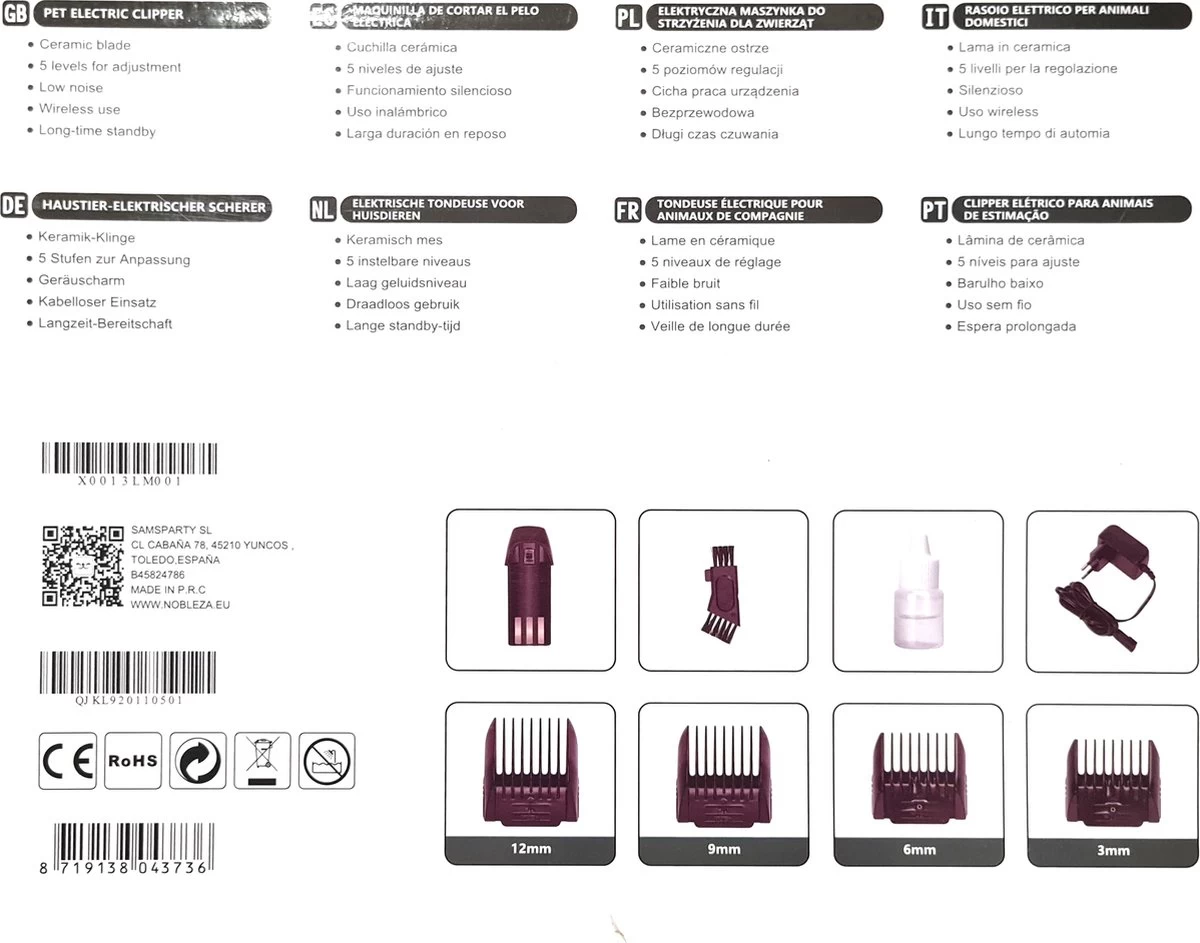 Nobleza Dieren Tondeuse Set - 4 Opzetkammen - Draadloos - Voor Huisdieren Katten & Honden 10 Nobleza Dieren Tondeuse Set - 4 Opzetkammen - Draadloos - Voor Huisdieren Katten & Honden - Afbeelding 8