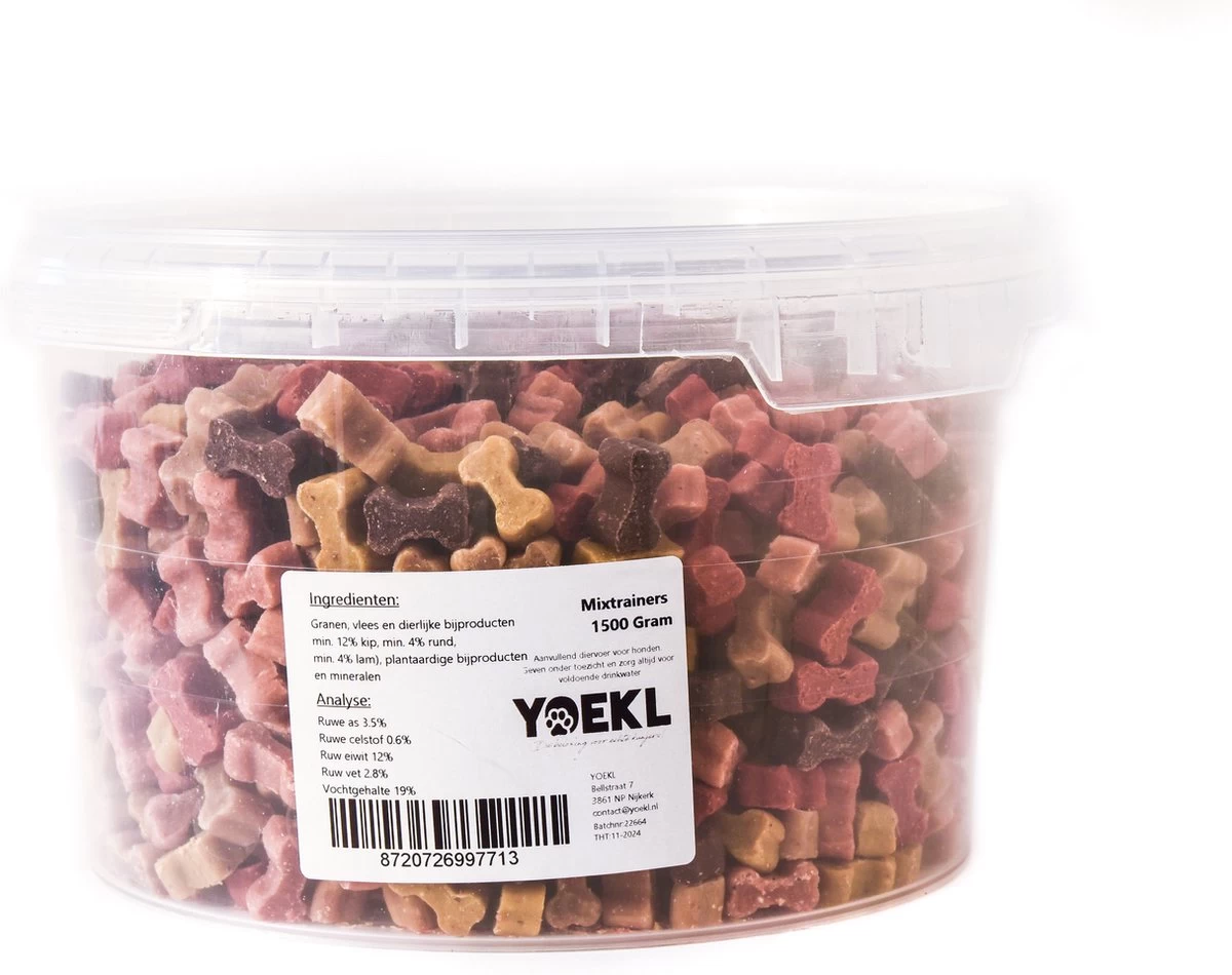 YOEKL Mixtrainers 1500 Gram Voordeelemmer - Kip/Lam/Rund/Vis Hondensnacks - Beloningssnoep - Trainingssnoep 4 YOEKL Mixtrainers 1500 Gram Voordeelemmer - Kip/Lam/Rund/Vis Hondensnacks - Beloningssnoep - Trainingssnoep - Afbeelding 2